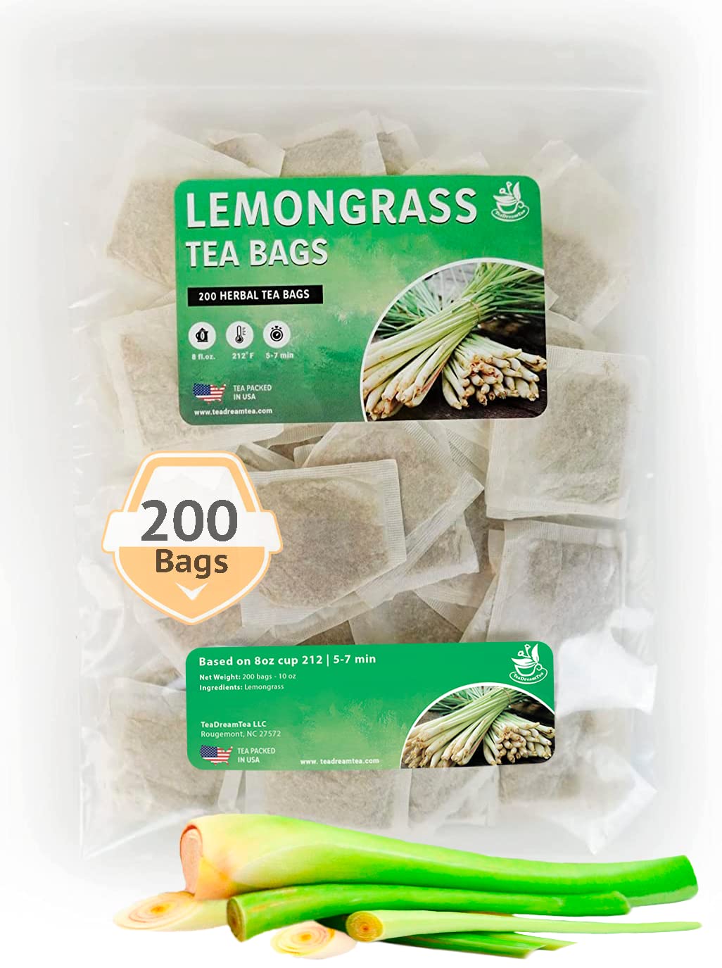 TeaDreamTea Lemongrass Tea Bags - Caffeine Free Herbal Tea - 200 Count Bulk - Enjoy Hot or Cold