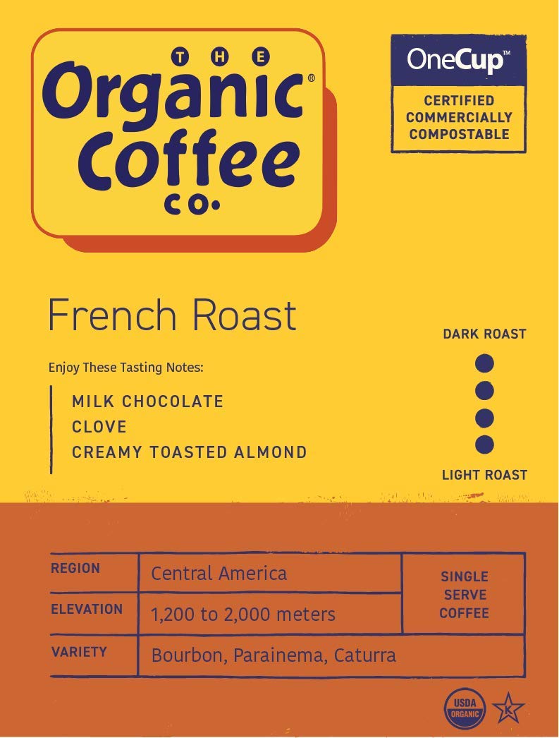 The Organic Coffee Co. Compostable Coffee Pods - French Roast (36 Ct) K Cup Compatible Including Keurig 2.0, Dark Roast, Usda Or