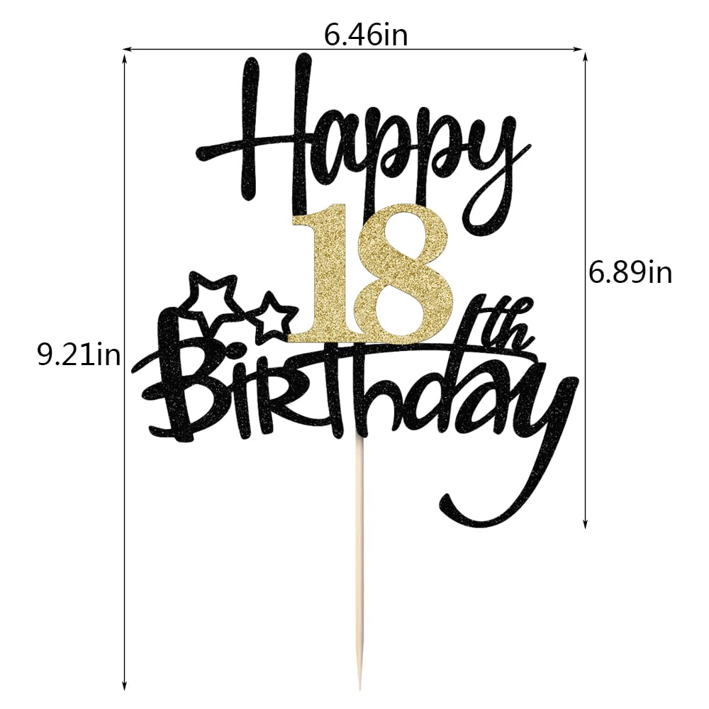Kaoenla Black Gold Glitter 18th Birthday Cake Topper, Cardboard, Model 4, 18th Celebration Decoration