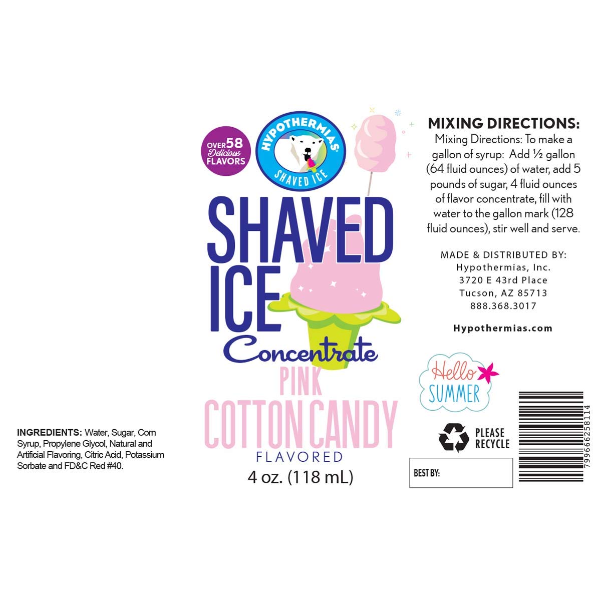 Hypothermias Shaved Ice And Snow Cone Syrup Unsweetened Flavor Concentrate - 4 Fl Oz - Makes 1 Gallon Of Ready To Use Syrup - Pi