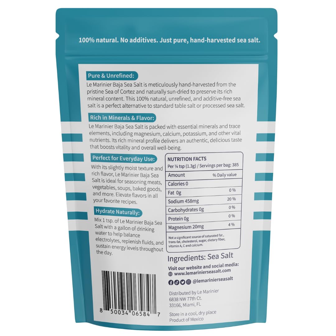 Le Marinier Baja Mineral Sea Salt Fine Grind, 1.1lb - 18oz | 100% Natural and Unrefined | Authentic Baja Sea Salt, Mineral Rich,