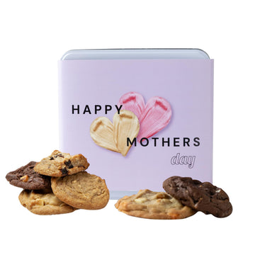 Pink & Gold Hearts Mothers Day Cookie Tin, 12 Assorted Gourmet Cookies (White Chocolate Macadamia, Chunky Chocolate, Oatmeal Rai