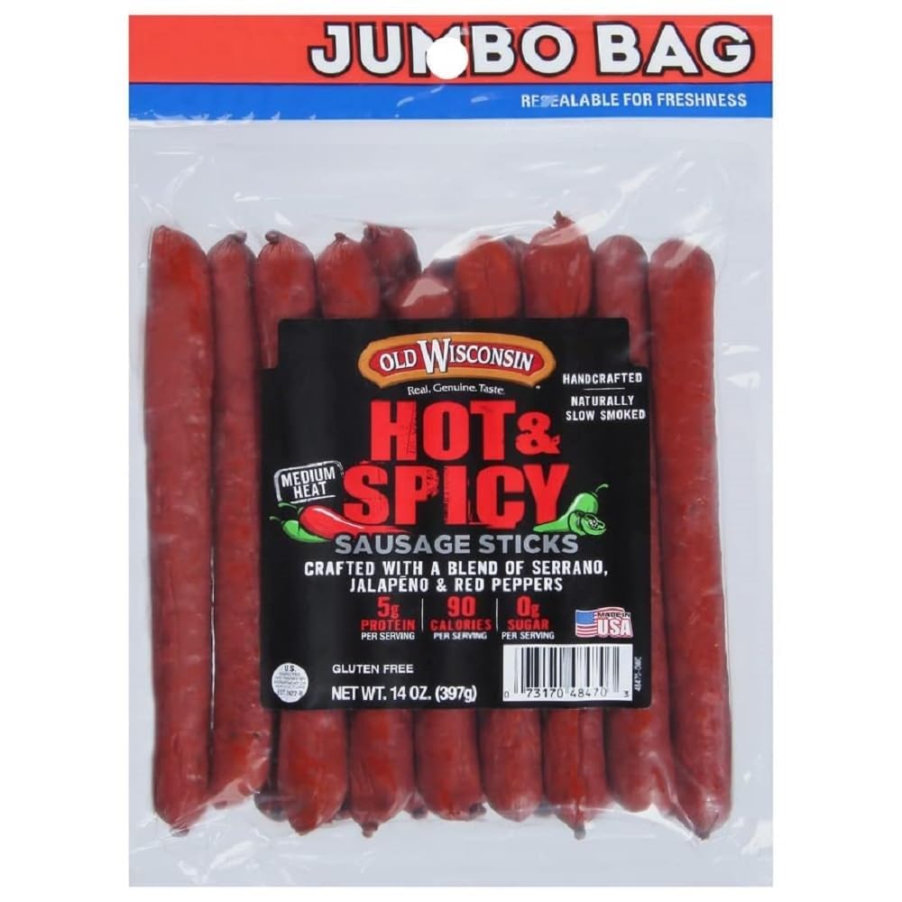 Old Wisconsin Hot & Spicy Sausage Snack Sticks, 14oz Resealable Pack, Naturally Smoked, High Protein, Low Carb, Gluten Free