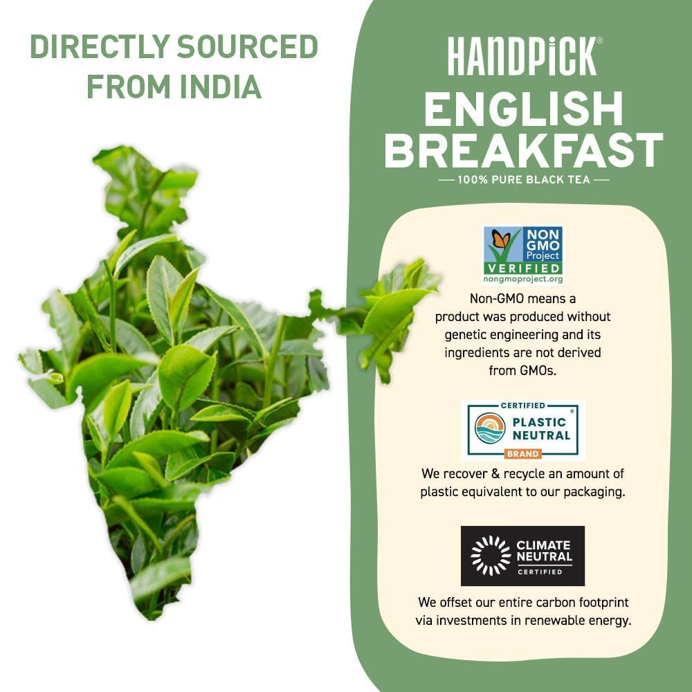 HANDPICK Organic English Breakfast Black Tea Bags - Strong, High-Caffeine, 100 Count, Eco-conscious Packaging