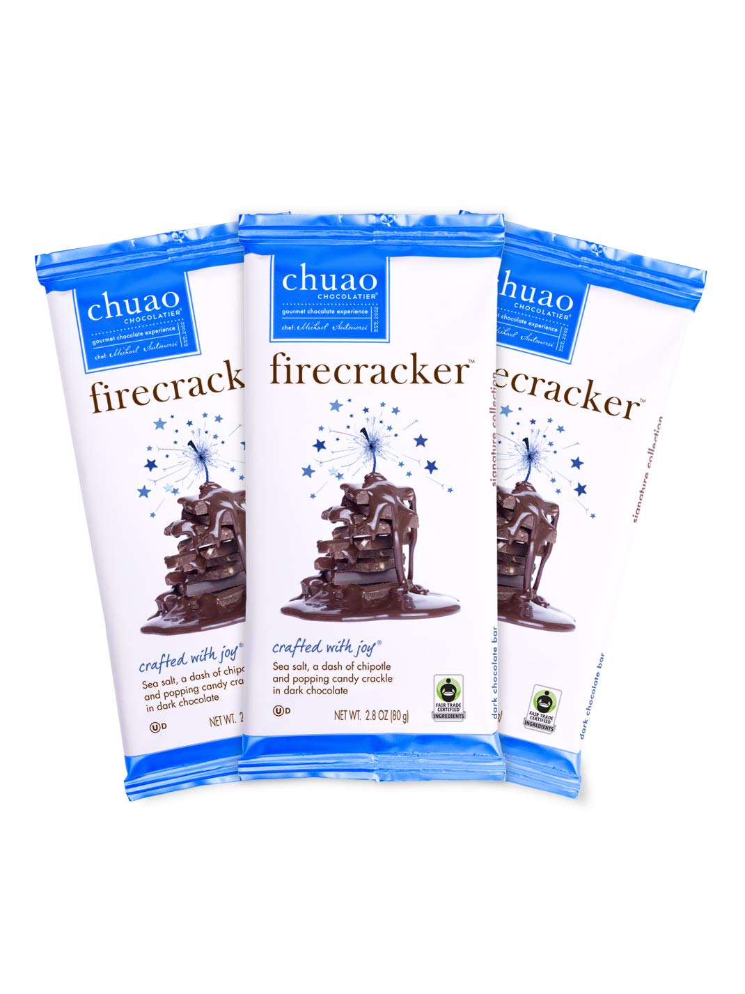 Chuao Chocolatier Firecracker Dark Chocolate Bars, Gourmet Popping Candy, 3 Pack (2.8 oz each)