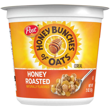 Post Honey Bunches Of Oats Honey Roasted Breakfast Cereal, Honey Oats Cereal With Granola Clusters, Small Cereal Cup Size For Easy On-The-Go Breakfast, 2 Oz Cereal Cup