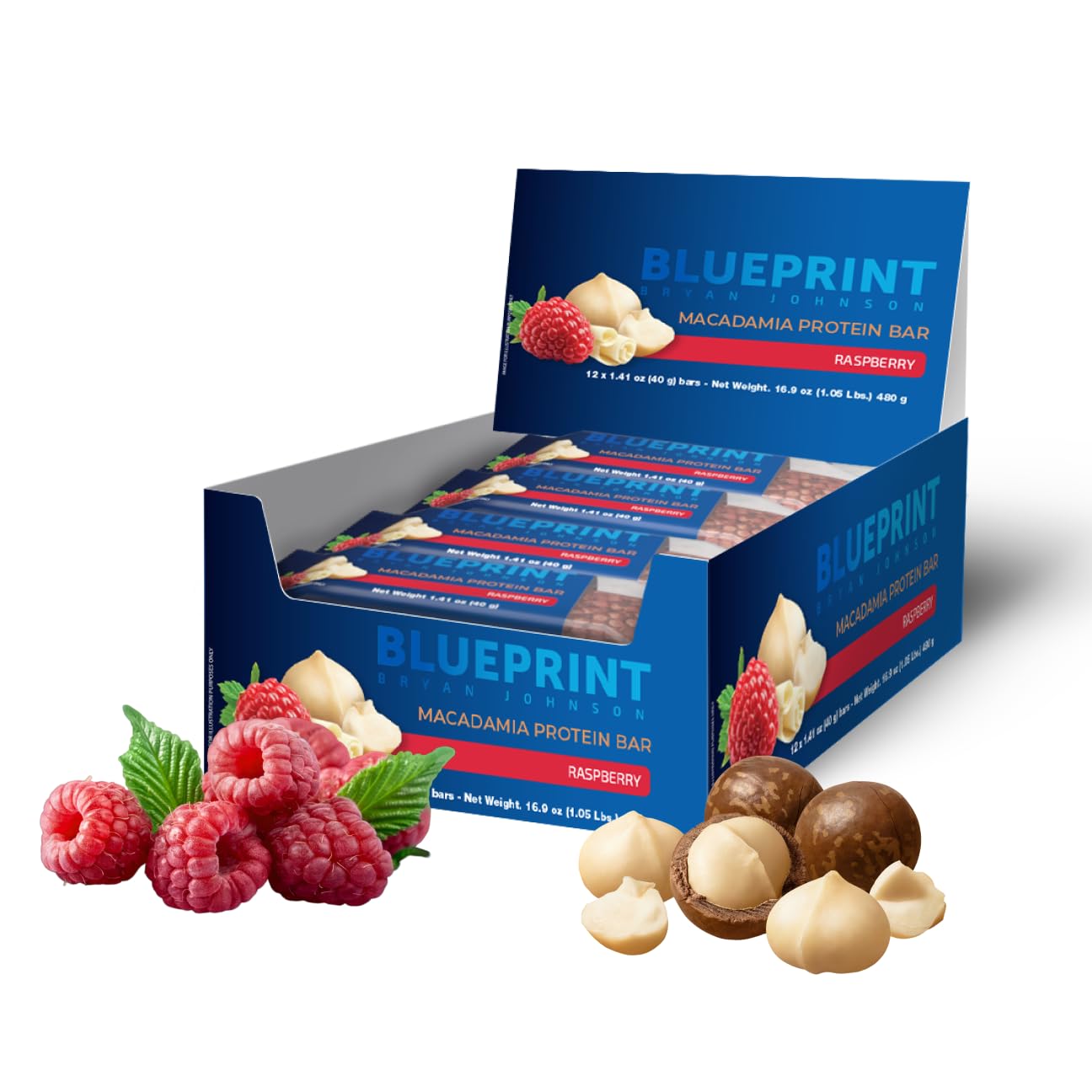 Blueprint Bryan Johnson Macadamia Nut Protein Bar - 9G Plant Protein, Low Carb & Sugar - Raspberry - 12 Count Pack