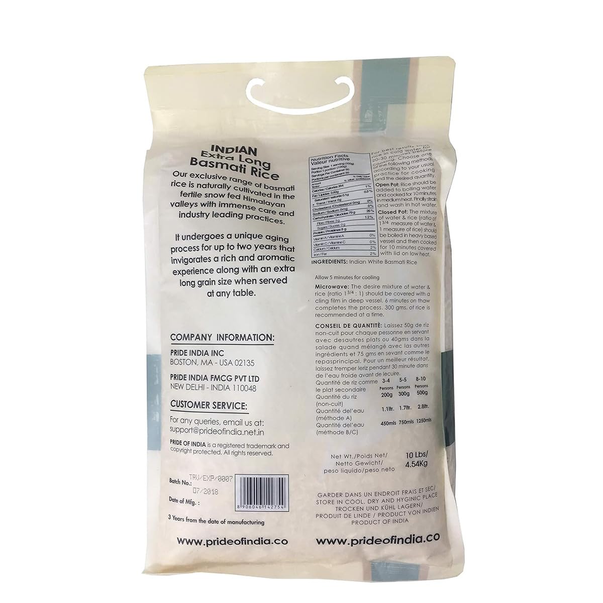 Pride Of India - Extra Long Indian Premium White Basmati Rice, 10 Pound (4.54 Kilo) Reclosable Bag - Naturally Aromatic, Aged, F