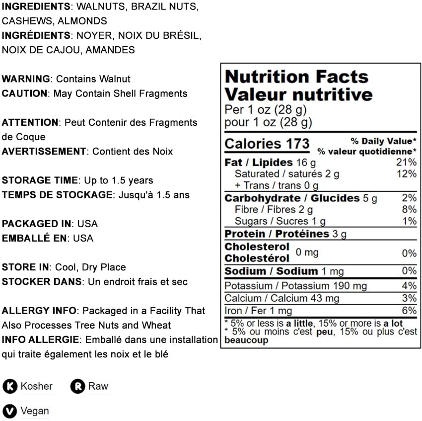 Food to Live - Mixed Raw Nuts, 1 Pound Cashews, Brazil Nuts, Walnuts, Almonds, Unsalted, Raw, Kosher, Vegan, Bulk