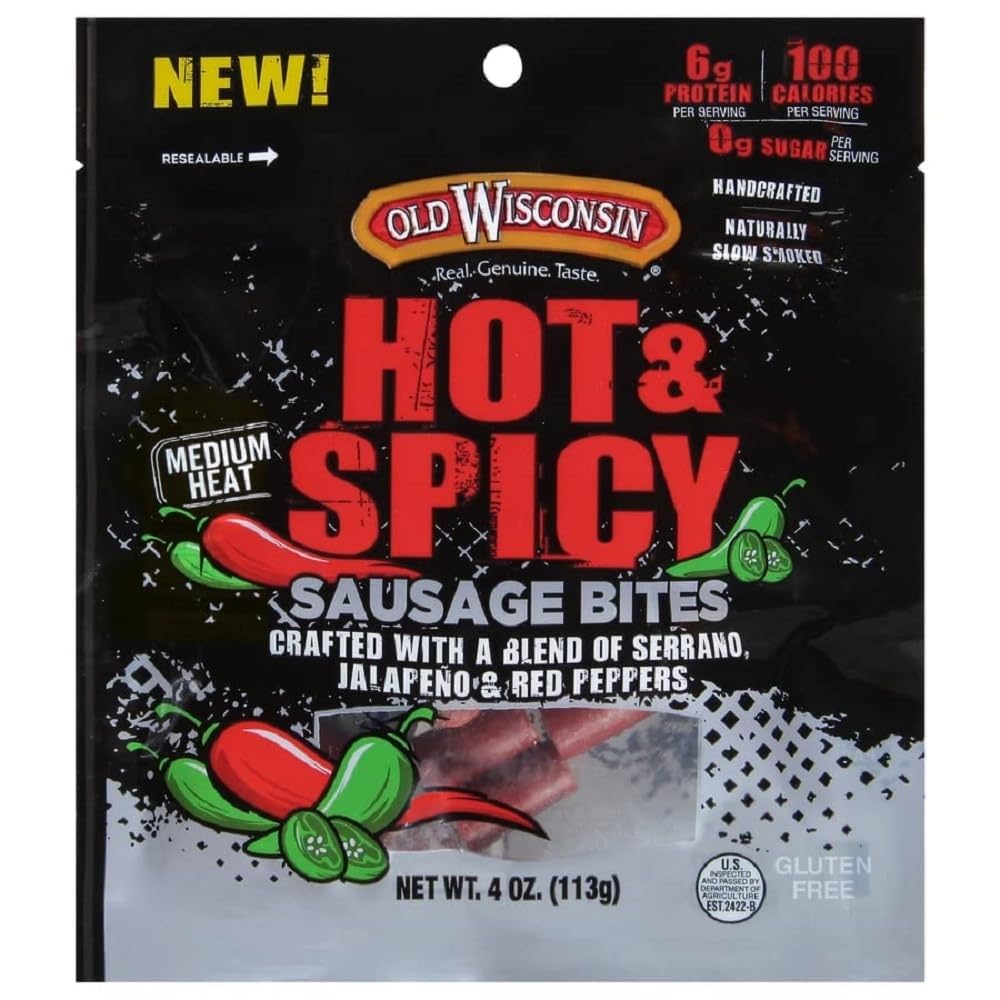 Old Wisconsin Hot & Spicy Sausage Snack Bites, Naturally Smoked, 4oz Resealable Package, High Protein, Low Carb, Gluten Free