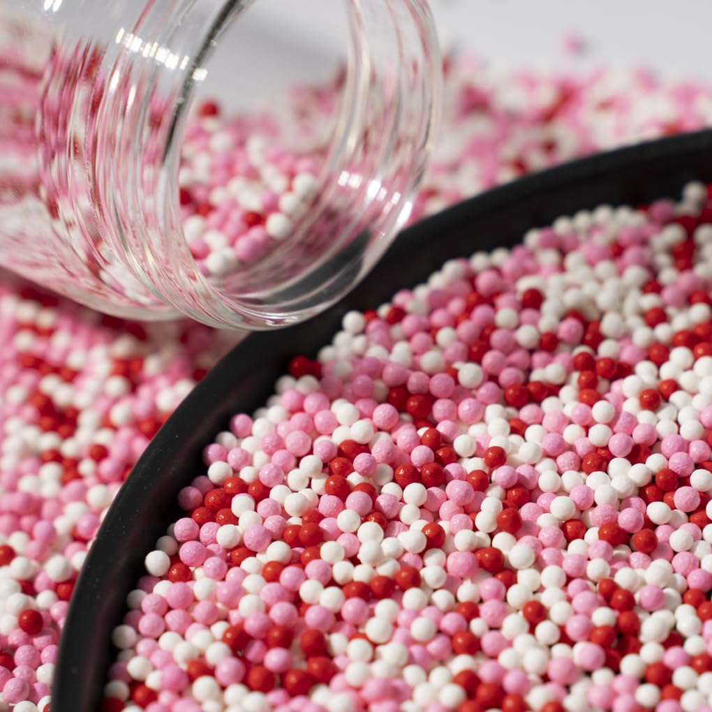 NIPEOR Edible Pearl Sprinkles for Cake Decorating - 130g 2mm Matte Sugar Pearls in White, Red, Pink