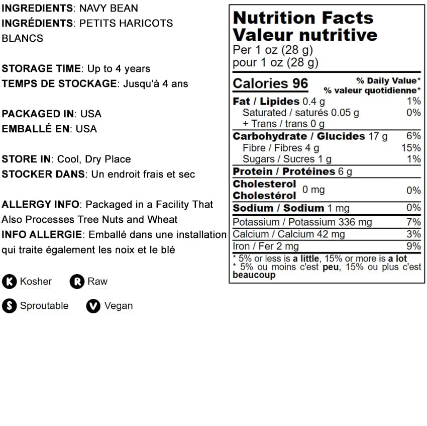 Food To Live Navy Beans, 1 Pound Raw, Dried, Vegan, Kosher, Whole Small White Kidney Beans In Bulk, Good Source Of Protein, Fibe
