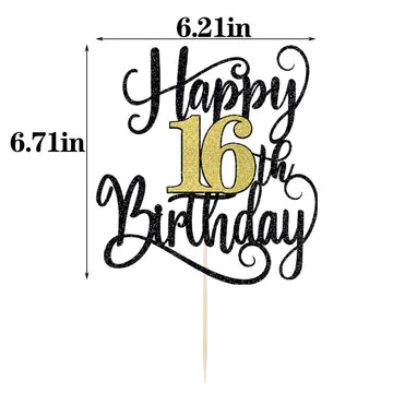Happy 16Th Birthday Cake Topper, 16 Birthday Party Cake Decorations (Black And Gold Flashes, 16Th)