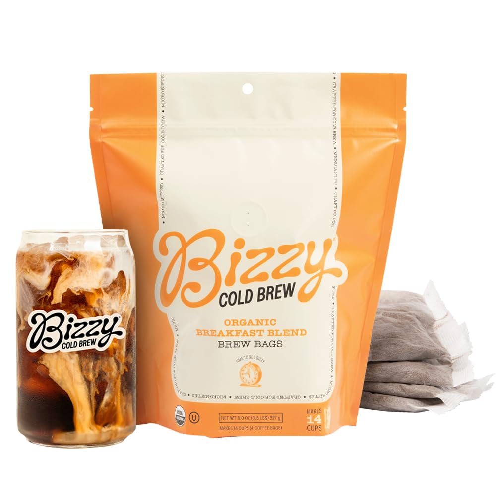 Bizzy Organic Cold Brew Coffee | Breakfast Blend | Coarse Ground Coffee | Medium-Light Roast | Micro Sifted | Specialty Grade | 100% Arabica | Brew Bags | 4 Count | Makes 14 Cups