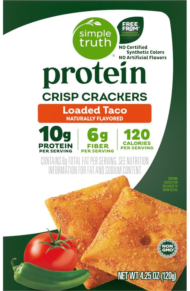 Simple Truth Protein Crisp Crackers, Loaded Taco Flavor, 10g Protein, 6g Fiber, Non-GMO, 4.25 oz (2 pack)