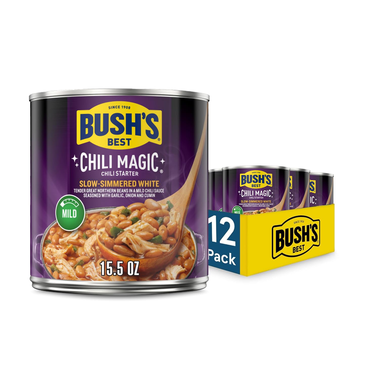 BUSH'S BEST Canned Slow-Simmered White Chili Magic Starter (Pack of 12), Source of Plant Based Protein and Fiber, Low Fat, Glute