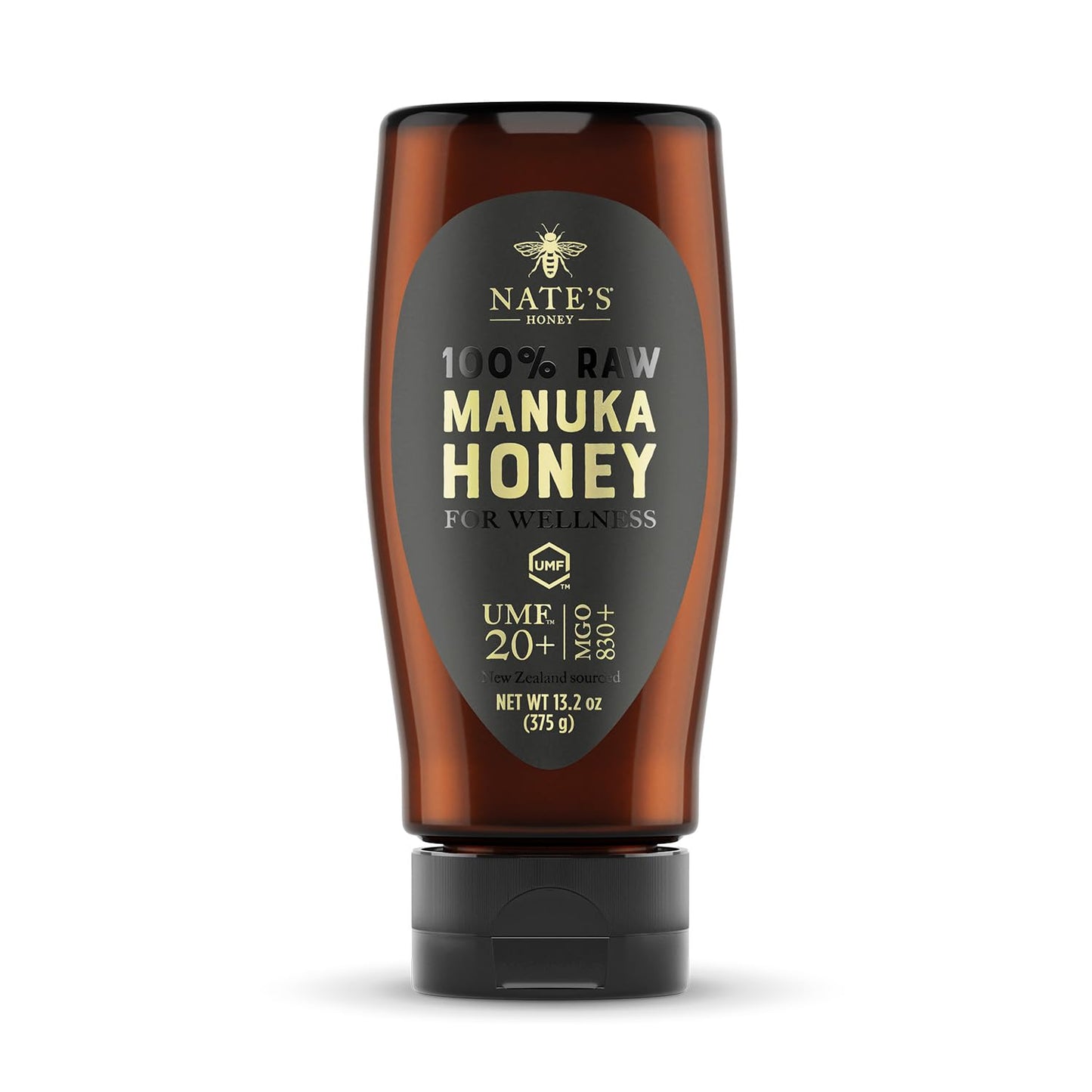Nates Pure Manuka Honey  Gold Edition | Sourced & Packed in New Zealand | MGO 830+ UMF Certified 20+ | 13.2 oz Squeeze Bottle