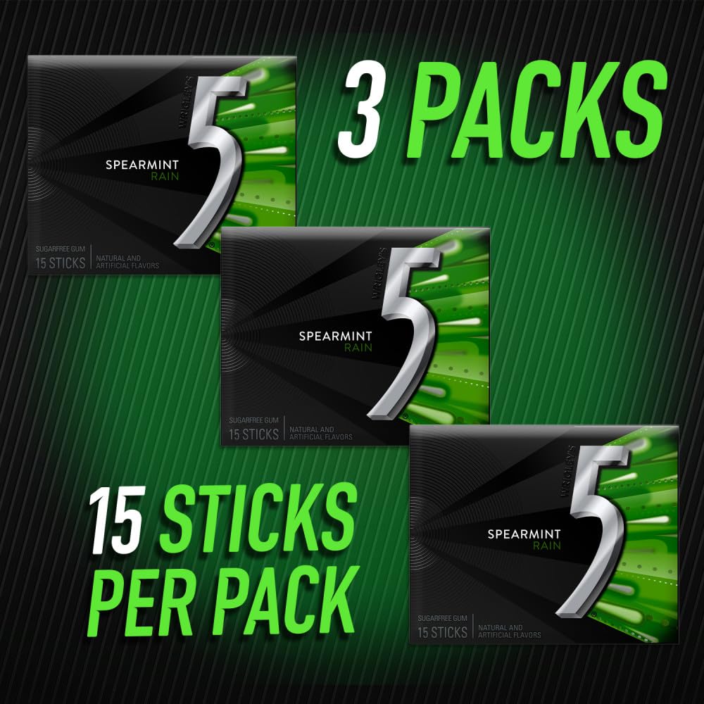 5 GUM Spearmint Rain Sugar Free Chewing Gum, 15 pieces (3 Pack)