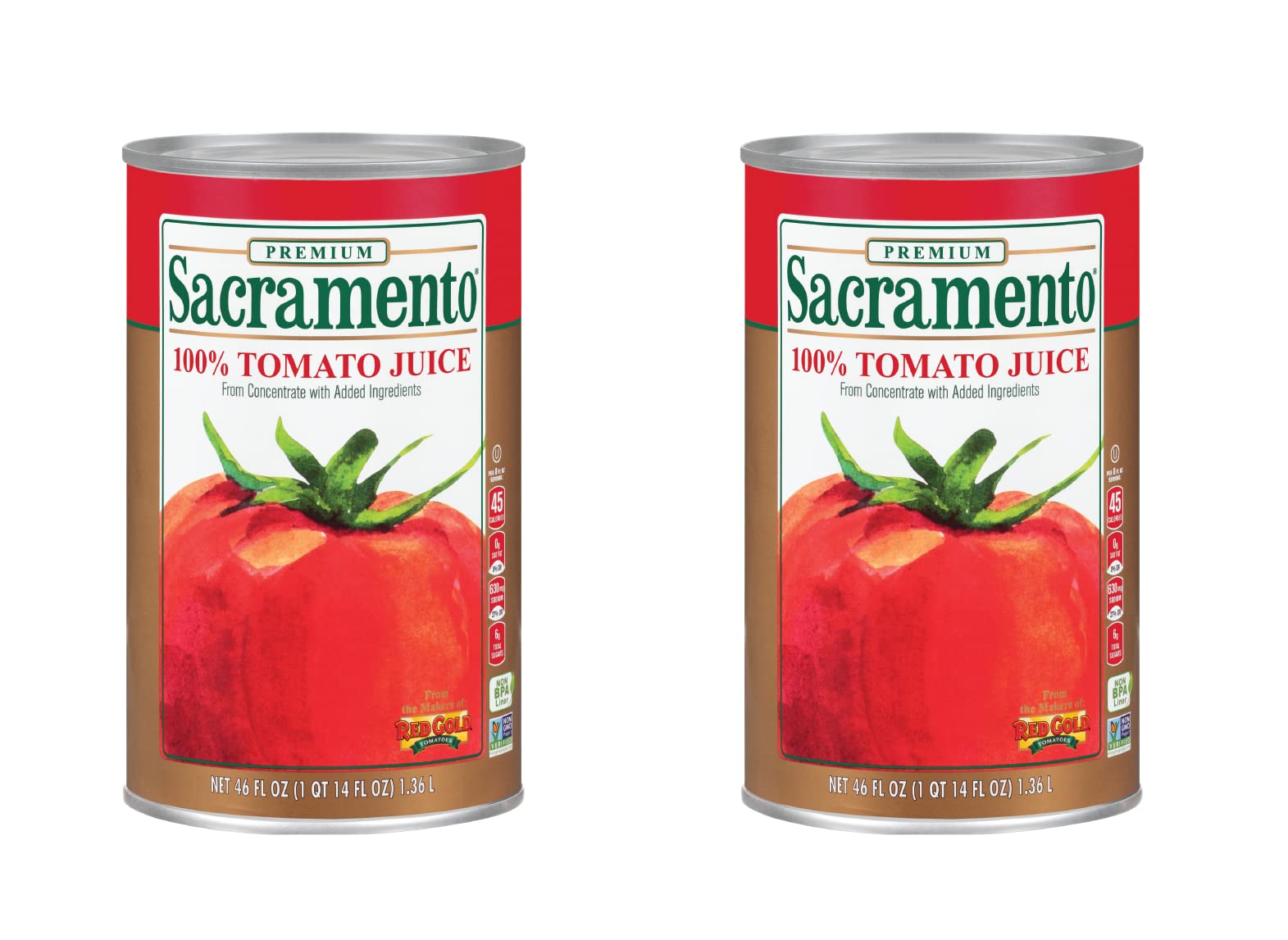 Sacramento Tomato Juice, No Added Sugar Or High Fructose Corn Syrup, 46 Ounce Cans, 2-Pack
