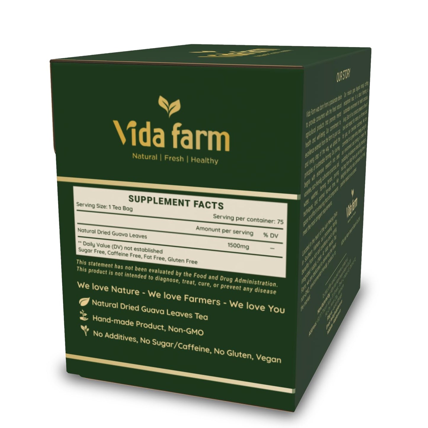 VIDA FARM Guava Leaf Tea Bags, 100% Pure, Non-GMO, Caffeine-Free, 75 Bags