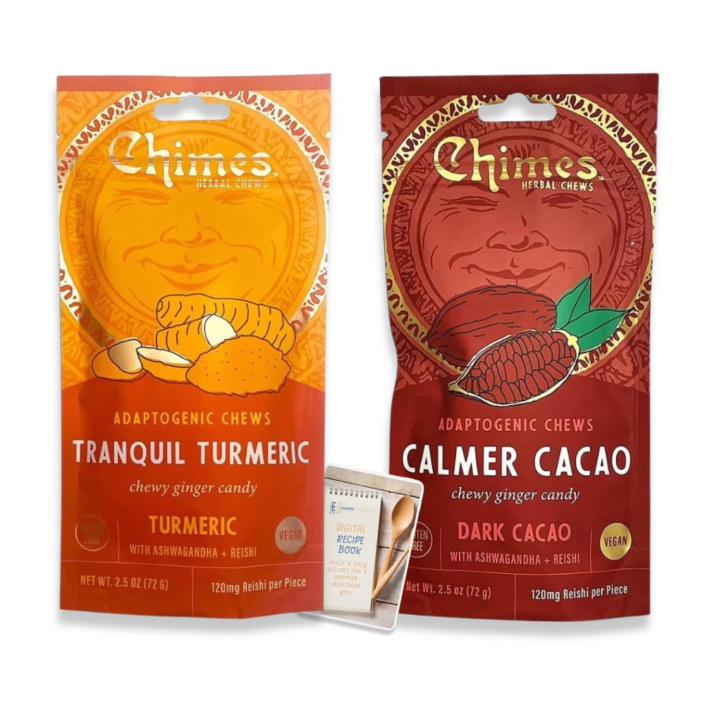 Chimes Adaptogen Ginger Chews Variety Pack of 2, Tranquil Turmeric and Calmer Cacao, 5 oz total Ginger, Ashwagandha, Reishi, Tur