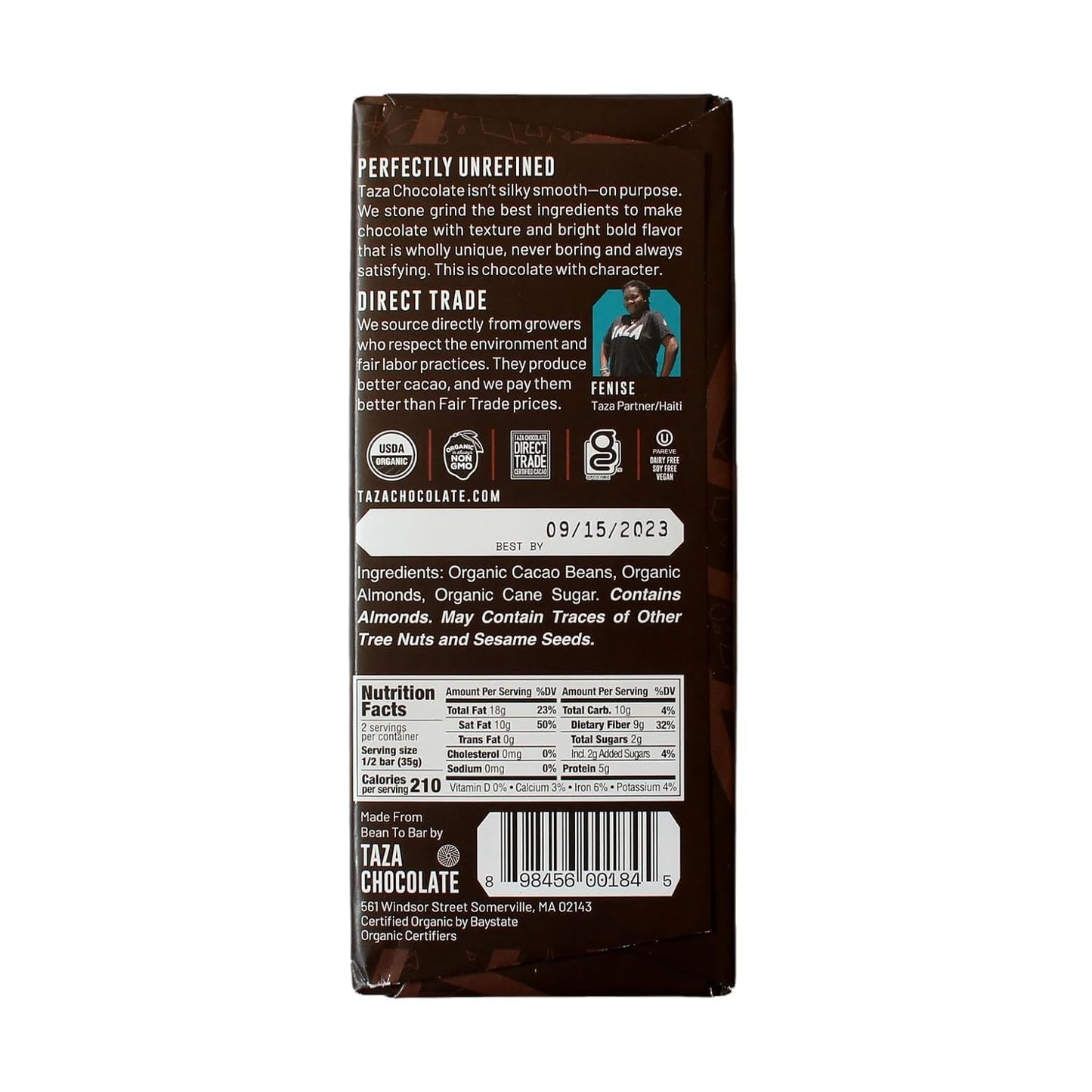 Taza Chocolate Organic Amaze Bar 95% Stone Ground  Wicked Dark with Almonds  2.5 Ounce (6 Count)  Vegan