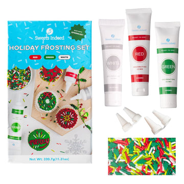 Sweets Indeed, Christmas Frosting Kit plus Sprinkles, 3 Frosting Tubes, 2.5 ounces Sprinkes, 4 nozzles, 11.31 ounces, Perfect fo
