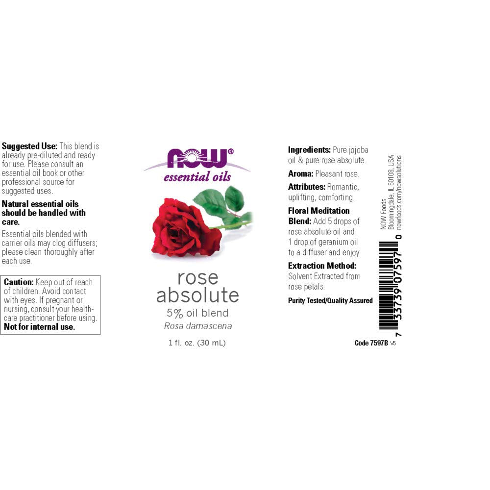 Now Essential Oils, Rose Absolute, 5% Blend Of Pure Rose Absolute Oil In Pure Jojoba Oil, Romantic Aromatherapy Scent, Vegan, Child Resistant Cap, 1-Ounce