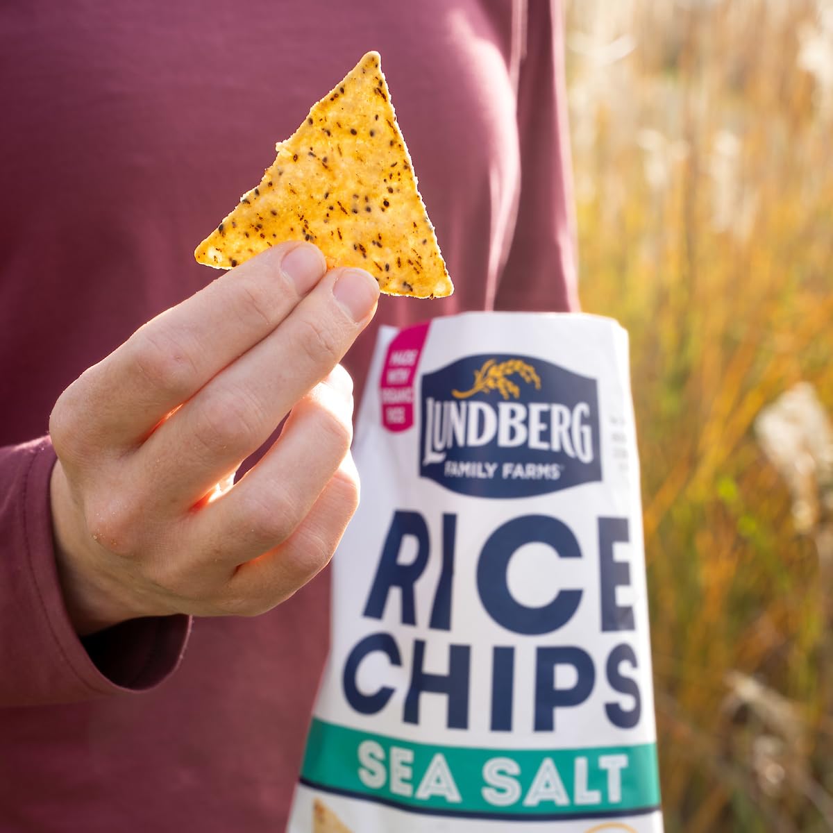 Lundberg Rice Chips, Sea Salt 12-Pack - Plant-Based Snacks Made With Organic California Brown Rice, Pea Protein & Chia Seeds, 5.