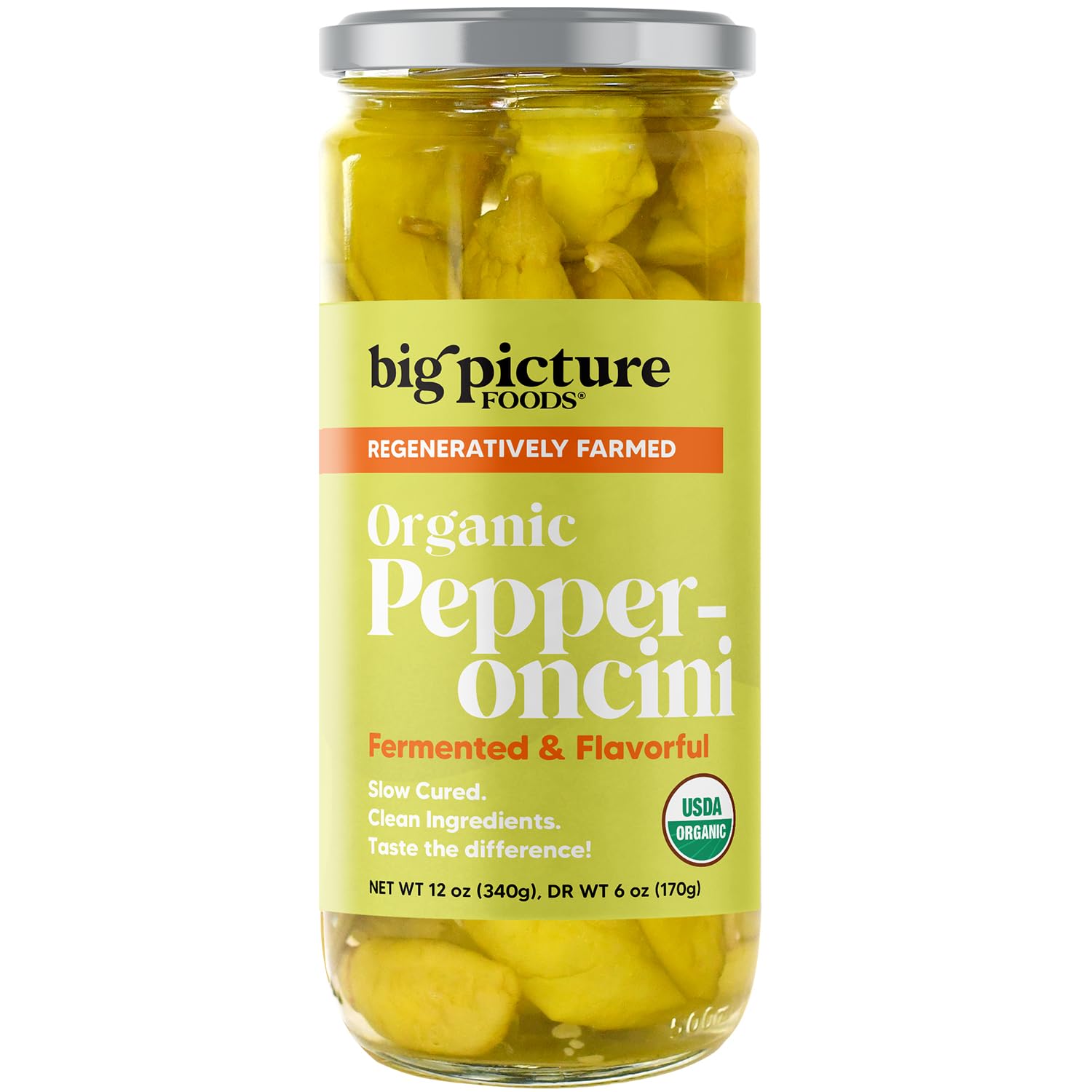 Big Picture Organic Pepperoncini/Whole in Jar - Zesty Macedonian Green Peppers for Antipasti Excellence! Whole  Regeneratively Farmed  and Bursting with Nutrients - Net Wt. 12oz (340g)