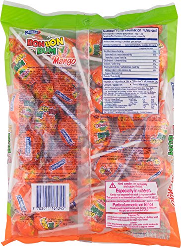 Colombina Bon Bon Bum Lollipops W/Bubble Gum Center, Mango Flavor, Individually Wrapped, Ideal For Party Favors And Gifts, 1 Pac