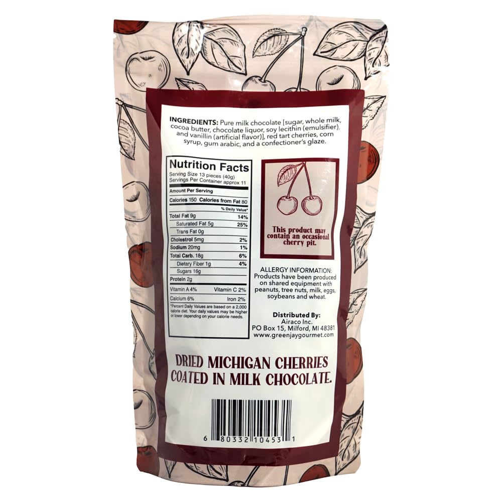 Green Jay Gourmet Milk Chocolate Cherries - 16 Ounce Resealable Bag - Handmade Chocolate Covered Cherries from Michigan