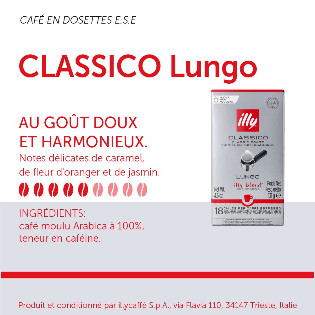 illy E.S.E. Coffee compact pieces - Classico Lungo Medium Roast, Notes of Caramel & Orange Blossom, 18 Count