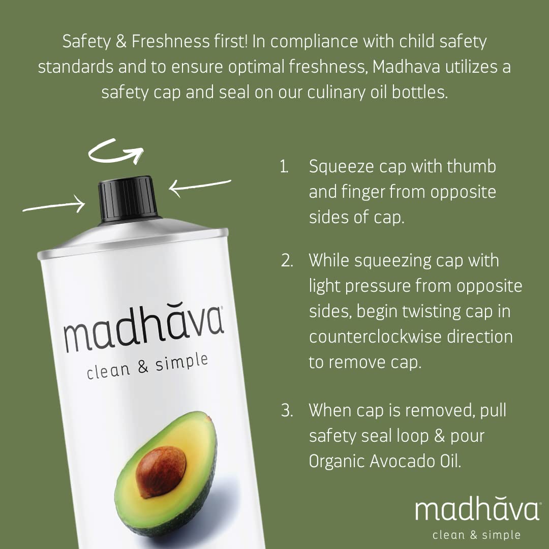 Madhava Avocado Oil (33.8 Oz, 1L Tin), Single Source, 100% Pure, Neutral Flavor, High Heat Cooking Oil, 520-Degree Smoke Point, Non-Gmo
