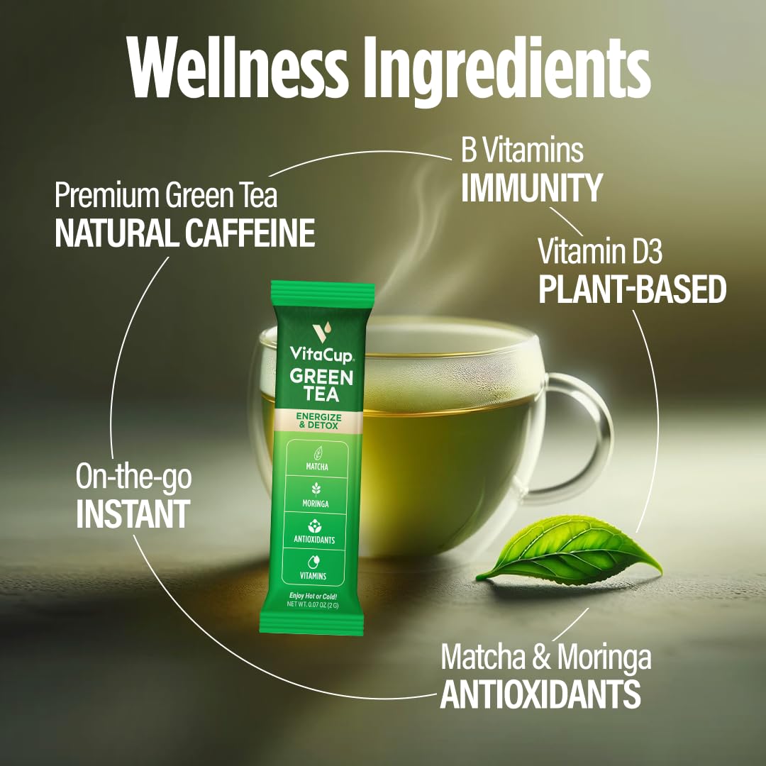 VitaCup Green Tea Instant Packets - Matcha, Moringa, B Vitamins, 24 Count