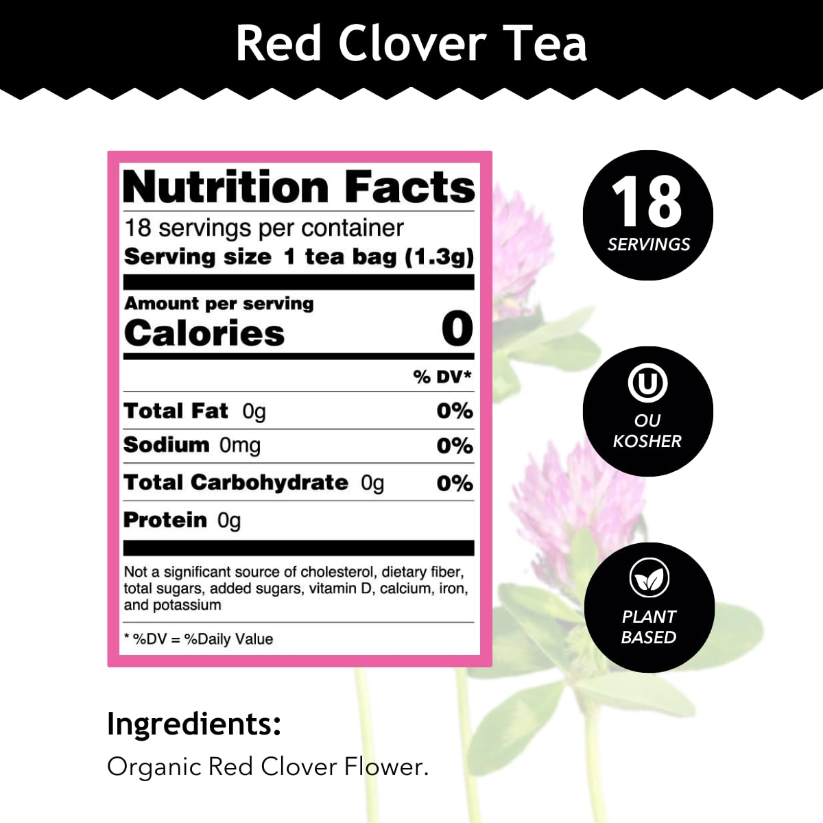 Buddha Teas Organic Red Clover Flower Tea - 18 Bleach-Free Bags - OU Kosher, USDA Organic