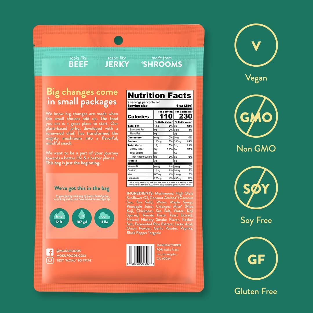 Moku Plant-Based Mushroom Jerky, Vegan, Gluten Free, Soy-Free, Non-Gmo, No Artificial Sweetener, Healthy Snacks, 2.0 Oz Ea (3 Co