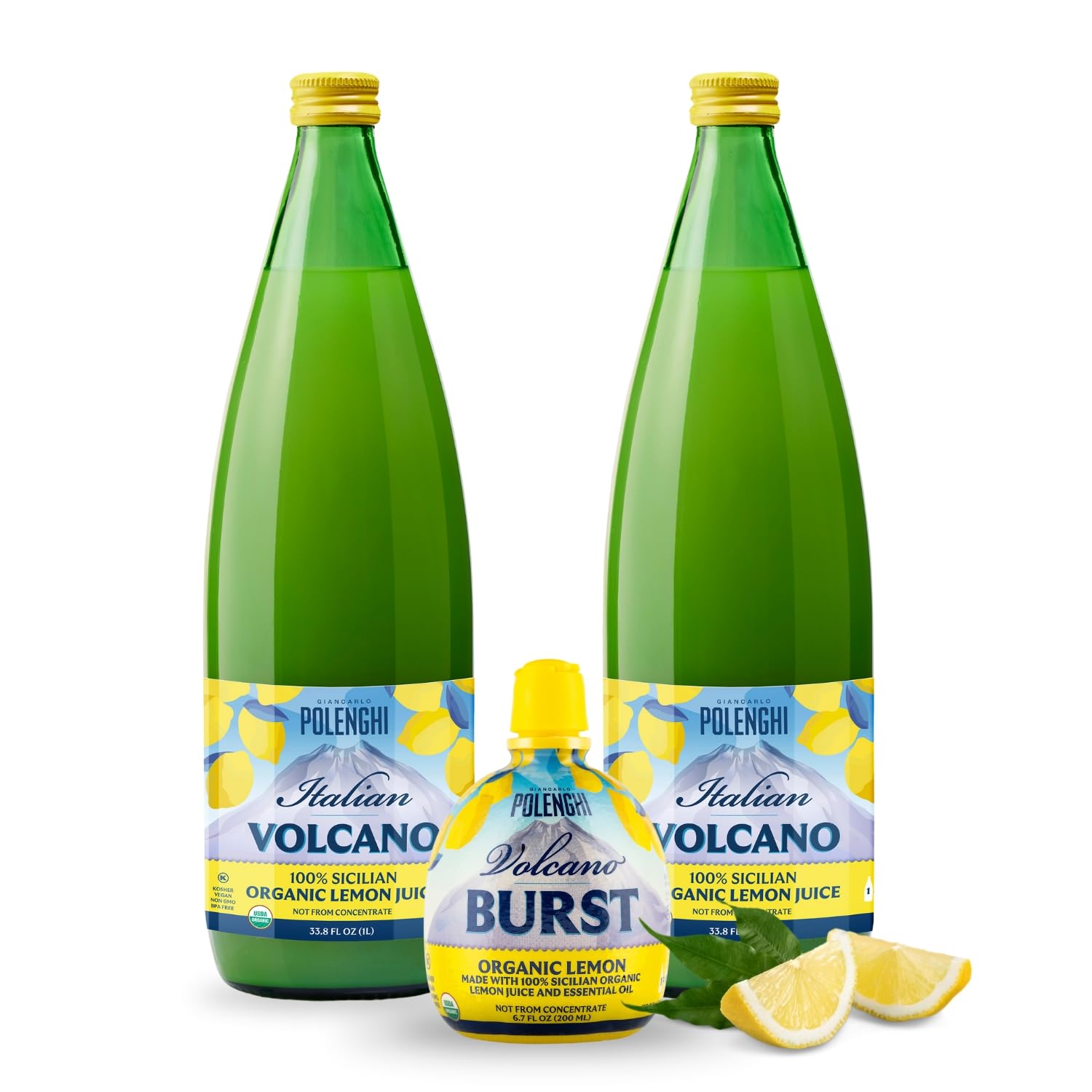 Italian Volcano Organic Lemon Juice 33.8 Ounces - 2 Pack Bundled Kit - Certified Organic - Each Bottle Contains 40 Fresh Lemons (2 Bottles + 1 Burst)