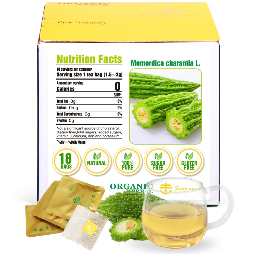 Soilmount Bitter Melon Tea Bags - 100% Organic Pure Bitter Melon Herbal Tea (Kugua/??/??) - Caffeine-Free, No Sugar, Gluten-Free, Vegan, Non-Gmo, 18 Bleach-Free Tea Bags For Health And Wellness