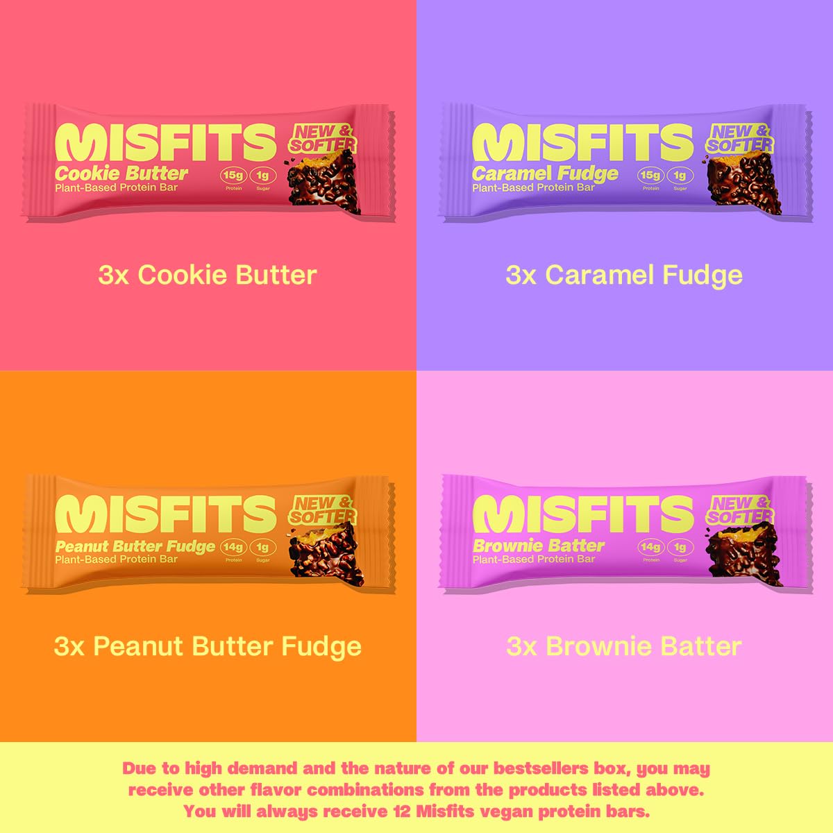 Misfits Vegan Protein Bar, Best Sellers Variety Pack, Plant Based High Protein Snacks With 15G Per Bar, Low Sugar, Low Carb, Glu