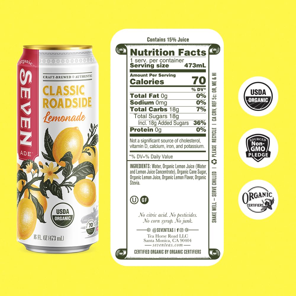 Seven Teas Classic Lemonade, Organic, 16 Fl Oz (Pack of 12 Cans)