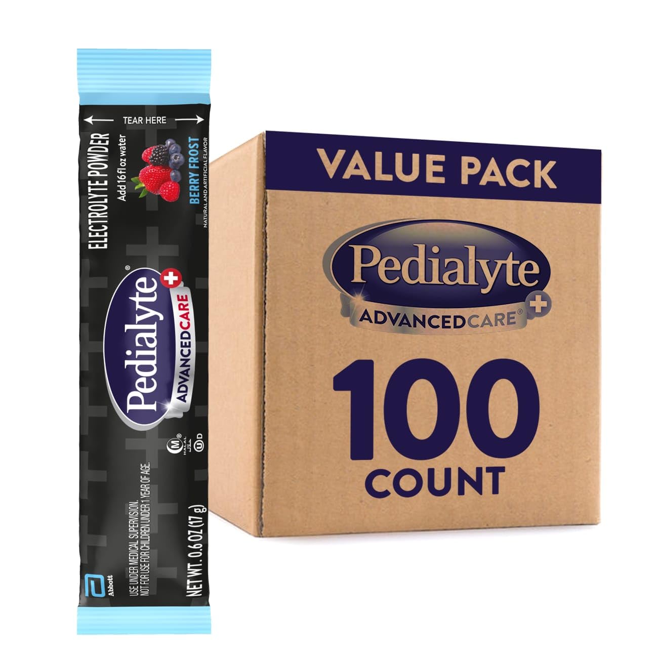 Pedialyte AdvancedCare Plus Electrolyte Powder, Has 33% More Electrolytes and PreActiv Prebiotics, Berry Frost, 100 Powder Packe