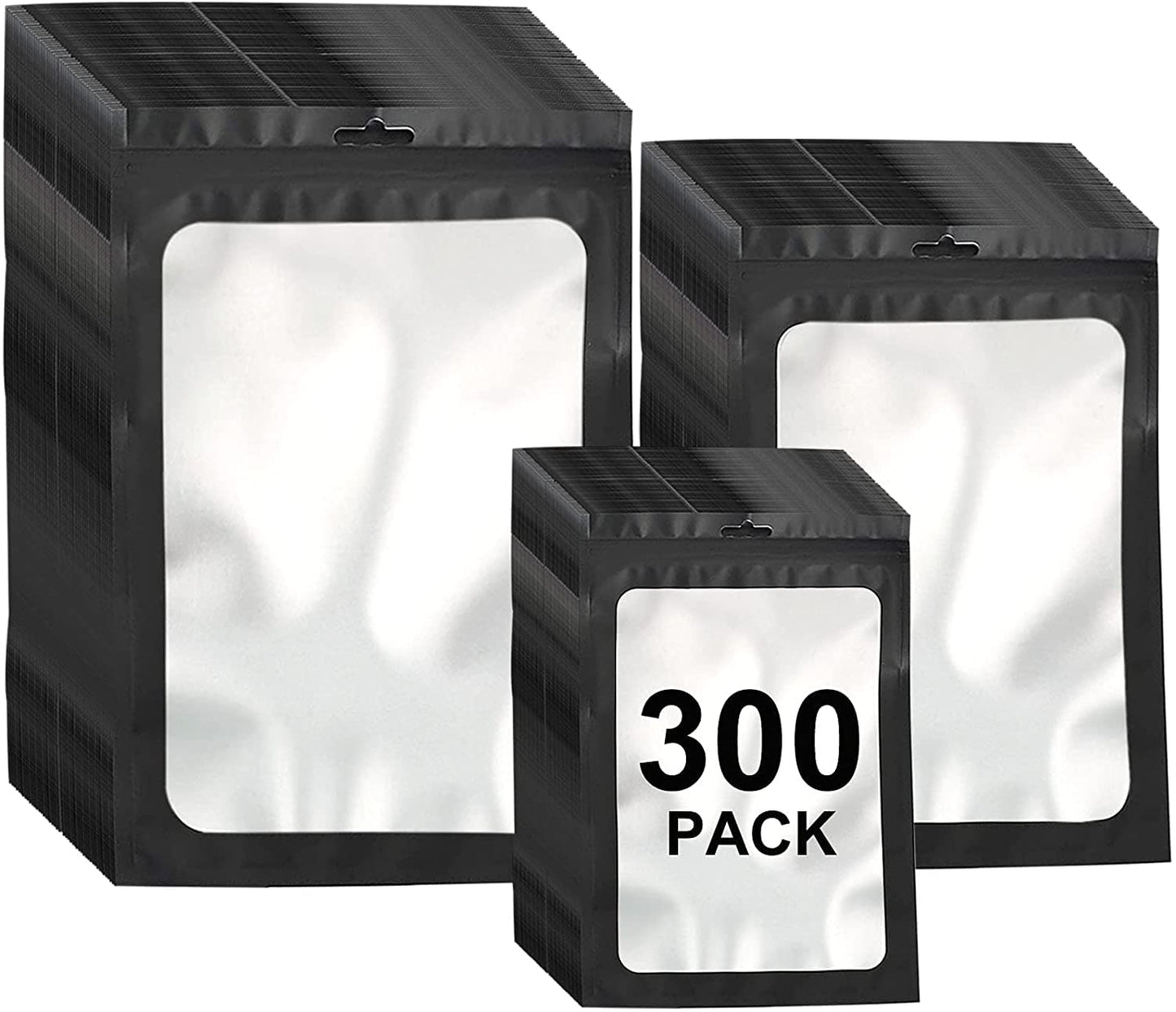 300 Pack 3 Sizes Resealable Mylar Bags Food Storage Smell Proof Bags With Front Window Packaging Pouch For Sample Snack Cookies 