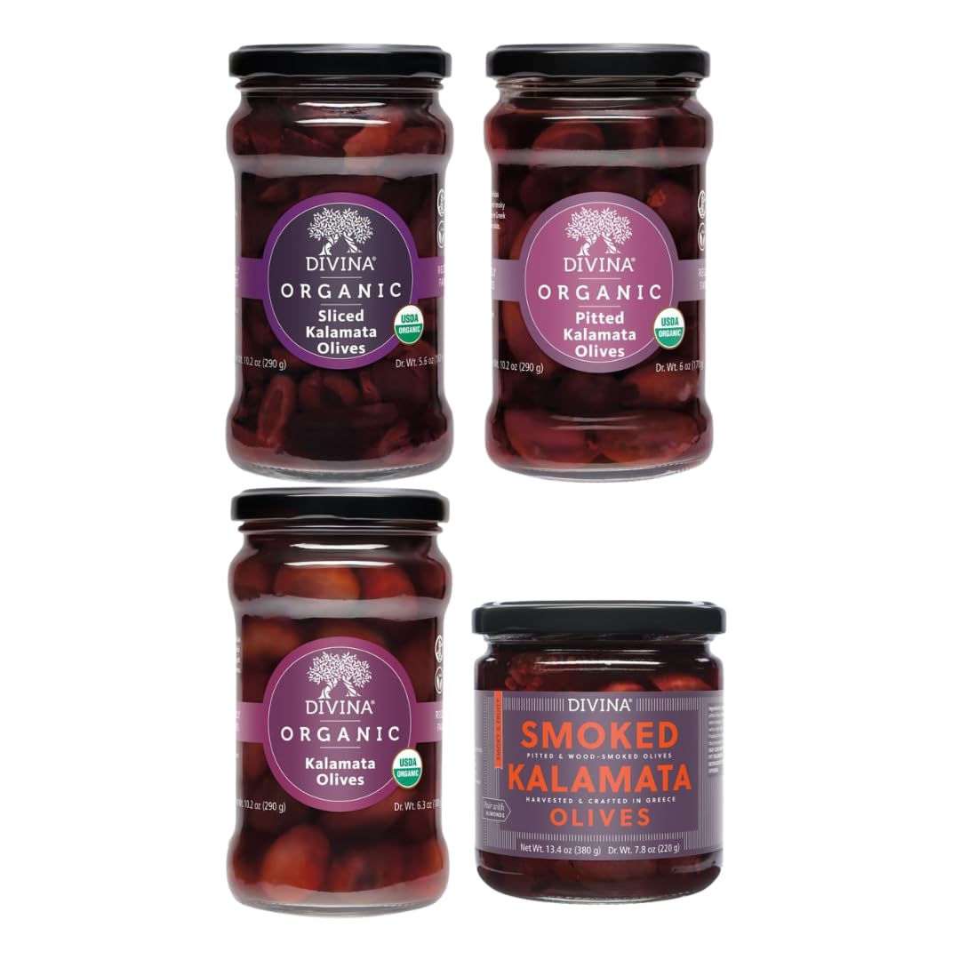 Divina Organic Pitted Kalamata Olives Variety Pack - Whole, Sliced & Smoked - 4-Pack