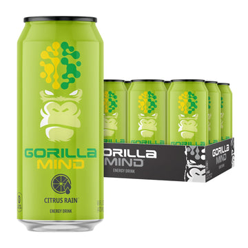 Gorilla Mind Energy Drink | Unmatched Energy  Amplified Focus | N-Acetyl-L-Tyrosine  Alpha-GPC  200mg Caffeine  Uridine  Saffron | 0 Sugar Or Artificial Colors | 16oz  12-Pack (Citrus Rain)