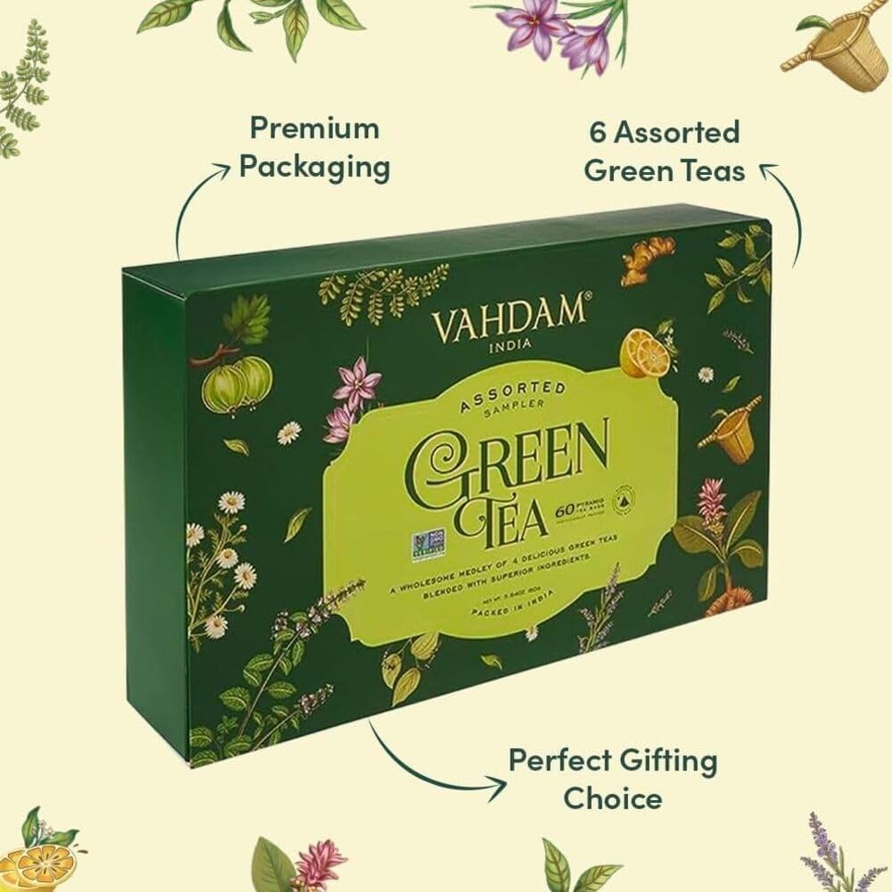 Vahdam, Green Tea Variety Pack Sampler Assortment (36 Pyramid Tea Bags, 6 Flavor) | Non-Gmo Project Verified Himalayan Green Tea With No Artificial Ingredients | Gifts For Women & Men