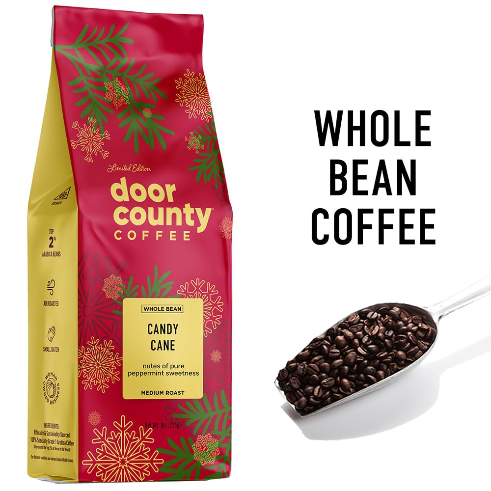 Door County Coffee Candy Cane Flavored Whole Bean Coffee, Medium Roast, 8oz Bag, 100% Specialty Arabica