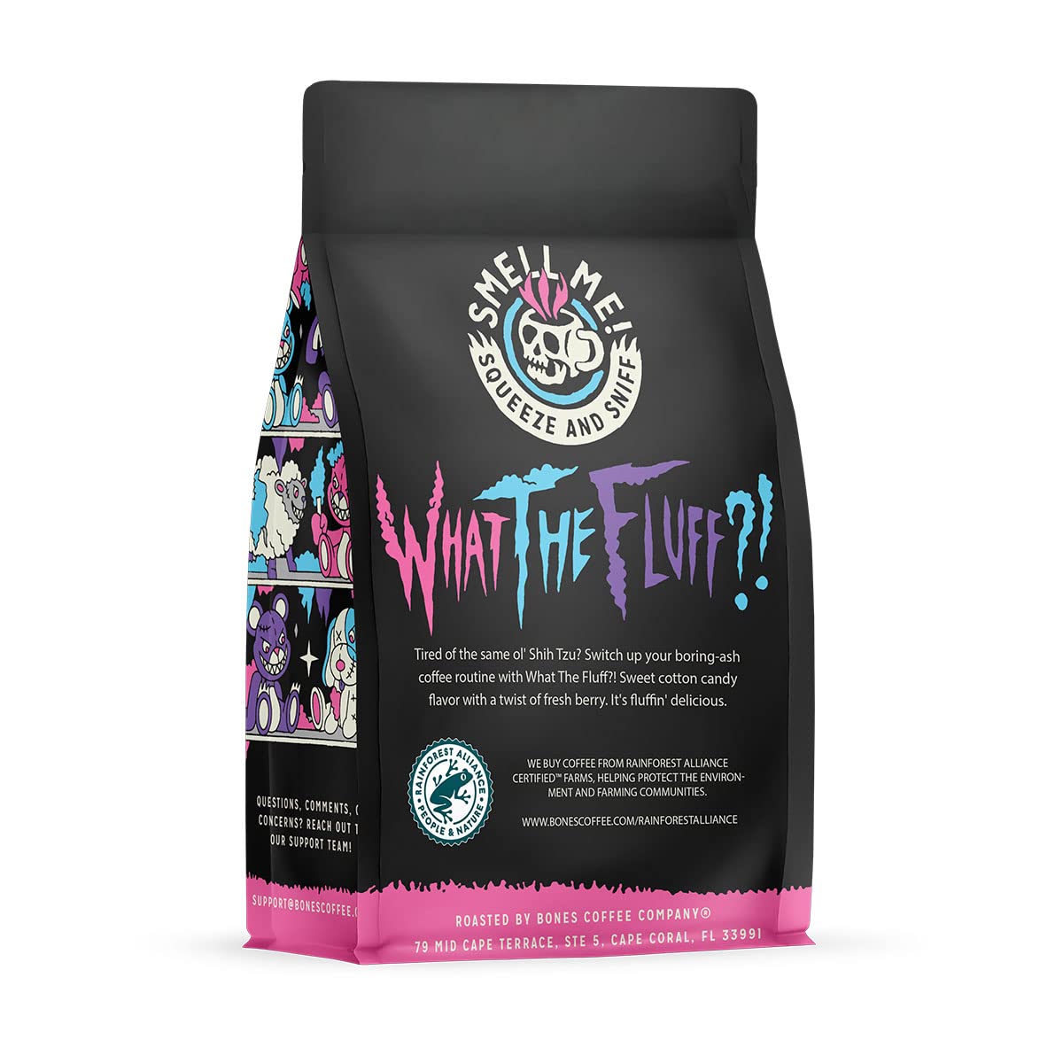 Bones Coffee Company What The Fluff?! Flavored Coffee Beans, Medium Roast Ground Coffee Low Acid, Berry Cotton Candy Flavor (12 Oz)