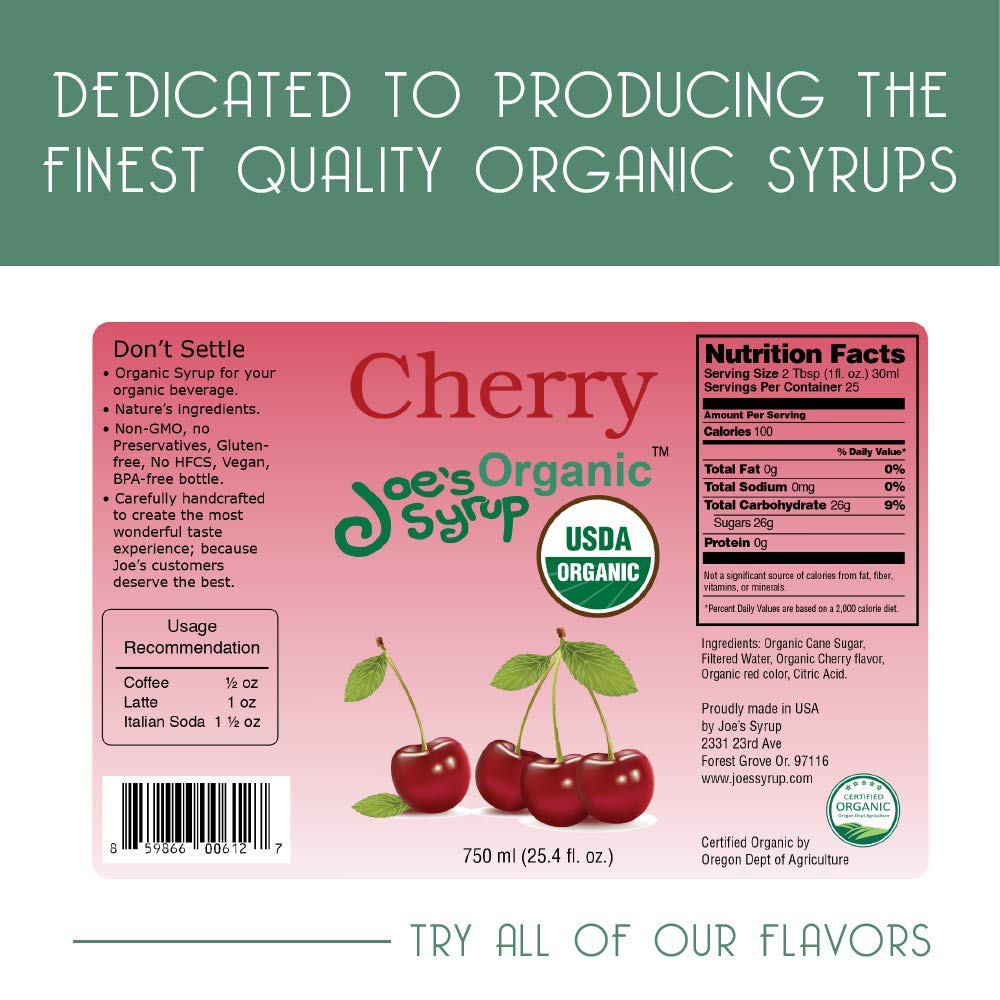 Joes Syrup Organic Flavored Syrup, Organic Cherry, 750 ml