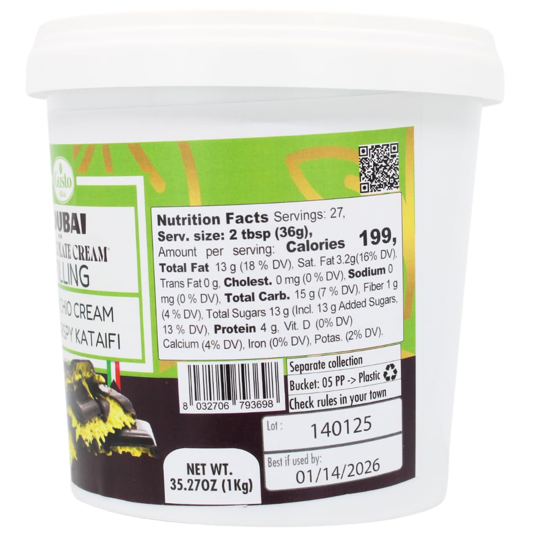 GUSTO ETNA Dubai Pistachio Chocolate Bar Filling- Pistachio Cream with Crispy Kataifi - enhanced Crunchy Spread for Gourmet Dessert Spread  35 oz (1kg)  Product of Italy